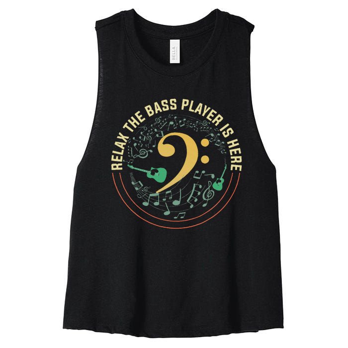 Relax The Bass Player Is Here Bassist Gifts Music Guitar Women's Racerback Cropped Tank