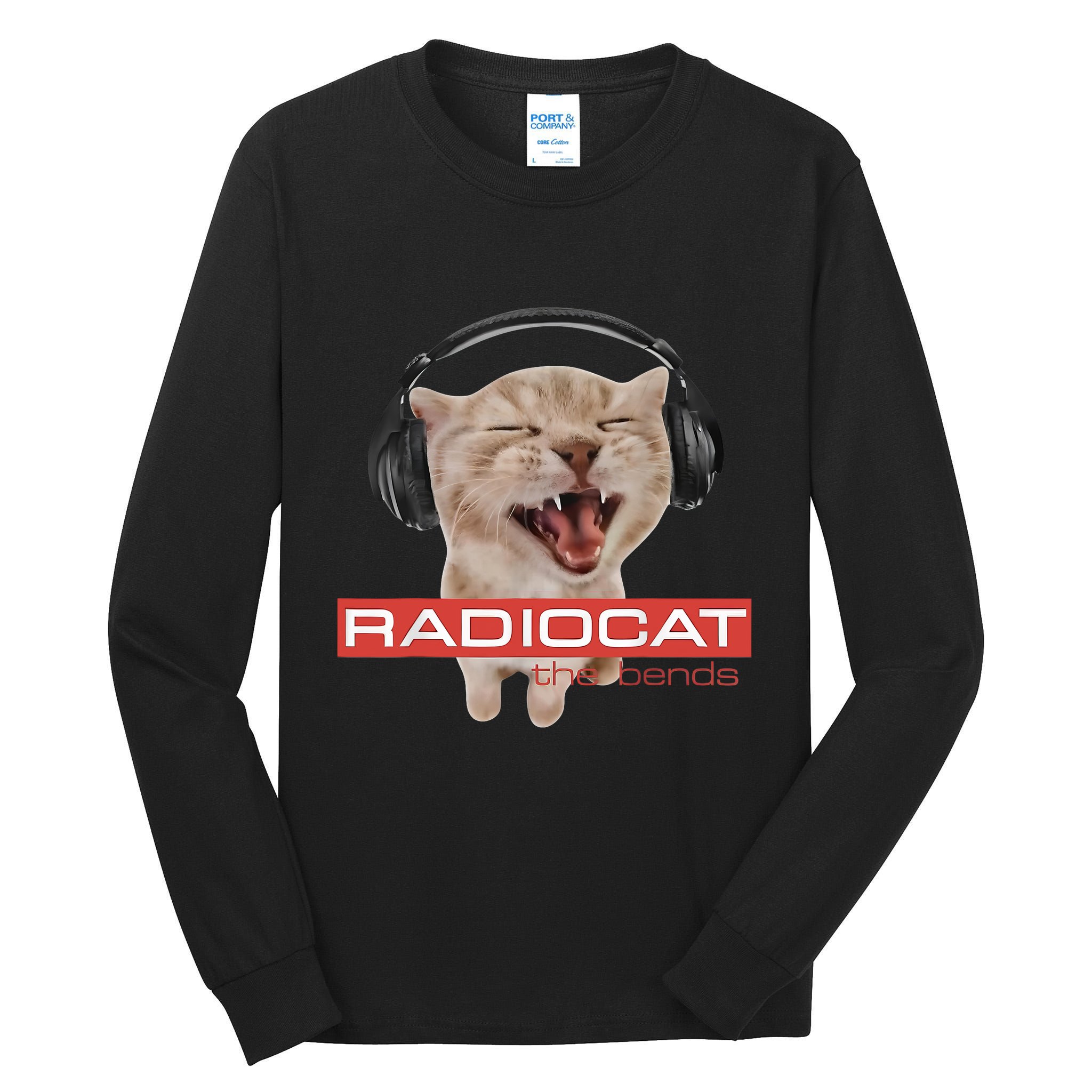 Radiocat The Bends Funny Music Cat Meme Cat Mom Cat Lover  Tall Long Sleeve T-Shirt