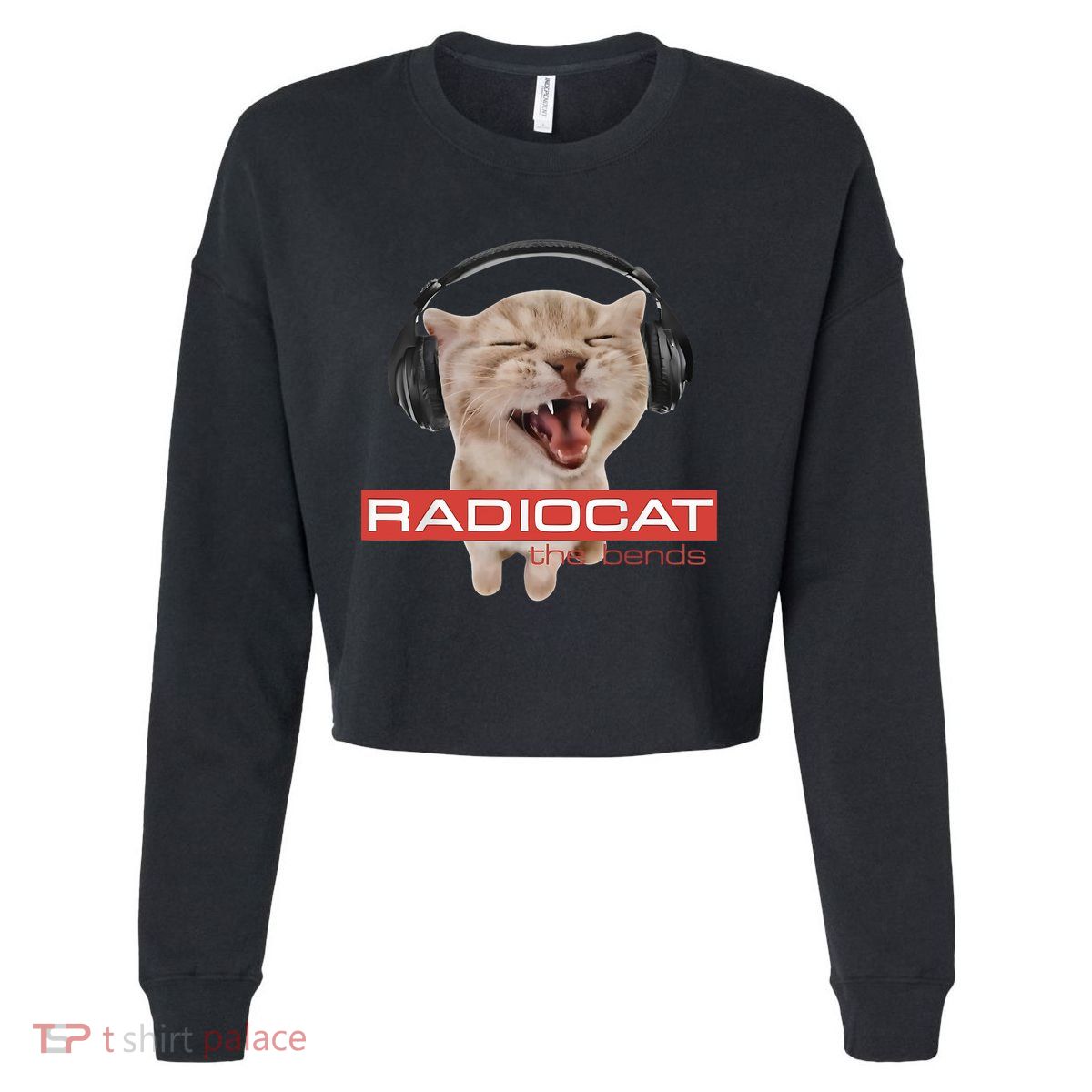 Radiocat The Bends Funny Music Cat Meme Cat Mom Cat Lover  Cropped Pullover Crew