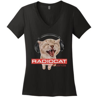 Radiocat The Bends Funny Music Cat Meme Cat Mom Cat Lover  Women's V-Neck T-Shirt
