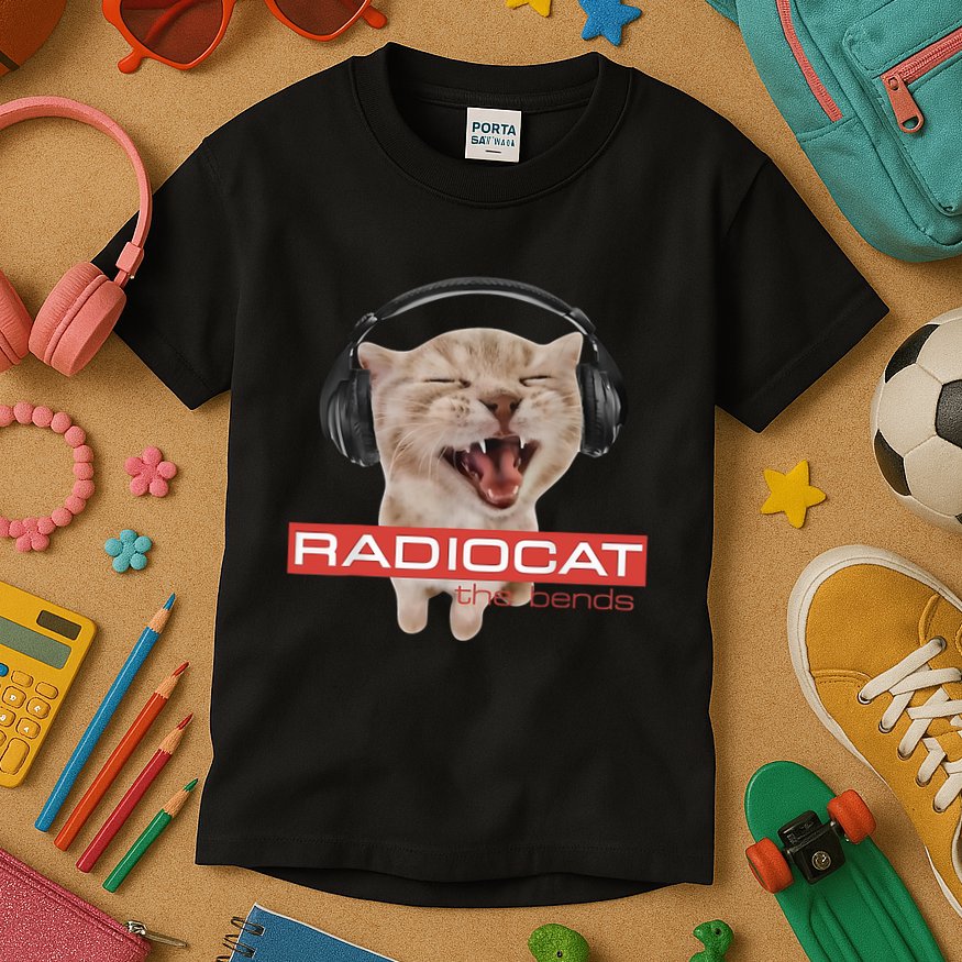 Radiocat The Bends Funny Music Cat Meme Cat Mom Cat Lover  Kids T-Shirt