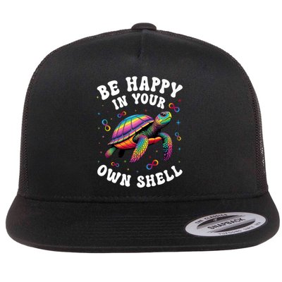 Rainbow Turtle Be Happy In Your Own Shell Autism Awareness   Flat Bill Trucker Hat