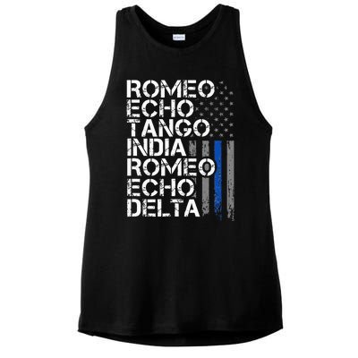 RETIRED Thin Blue Line Phonetic Code Police Retirement Ladies PosiCharge Tri-Blend Wicking Tank