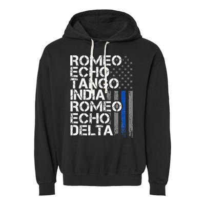 RETIRED Thin Blue Line Phonetic Code Police Retirement Garment-Dyed Fleece Hoodie