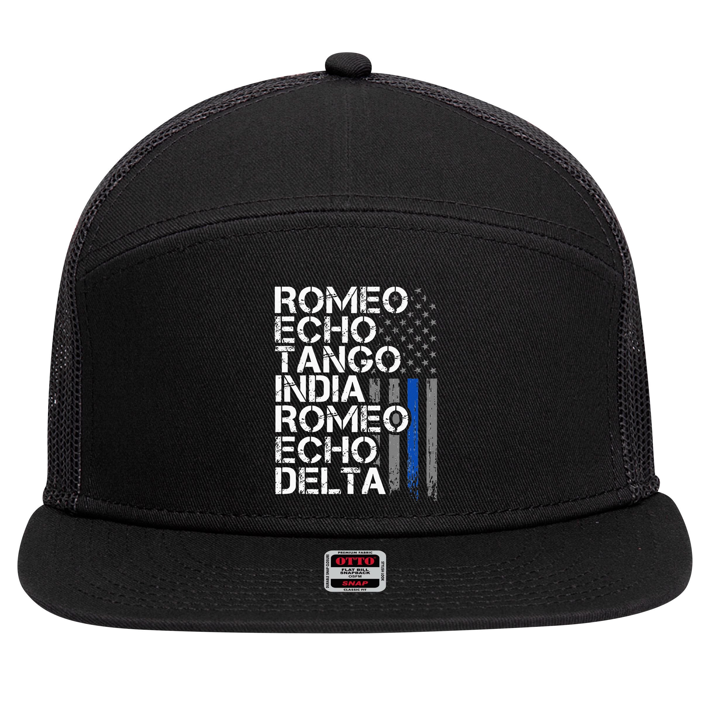 RETIRED Thin Blue Line Phonetic Code Police Retirement 7 Panel Mesh Trucker Snapback Hat