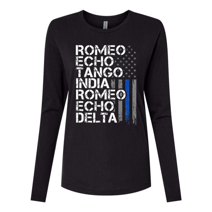 RETIRED Thin Blue Line Phonetic Code Police Retirement Womens Cotton Relaxed Long Sleeve T-Shirt