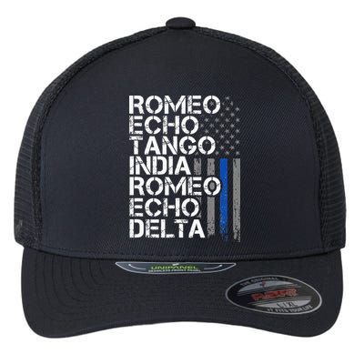RETIRED Thin Blue Line Phonetic Code Police Retirement Flexfit Unipanel Trucker Cap