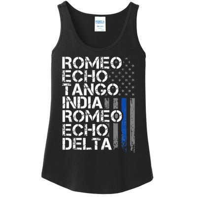 RETIRED Thin Blue Line Phonetic Code Police Retirement Ladies Essential Tank