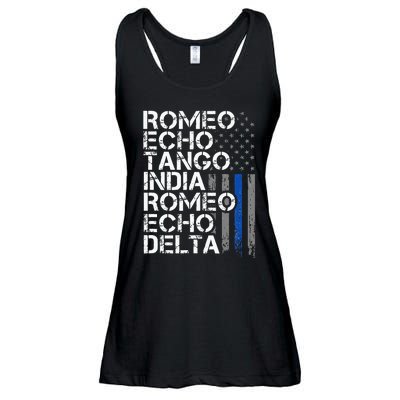 RETIRED Thin Blue Line Phonetic Code Police Retirement Ladies Essential Flowy Tank