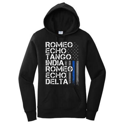 RETIRED Thin Blue Line Phonetic Code Police Retirement Women's Pullover Hoodie