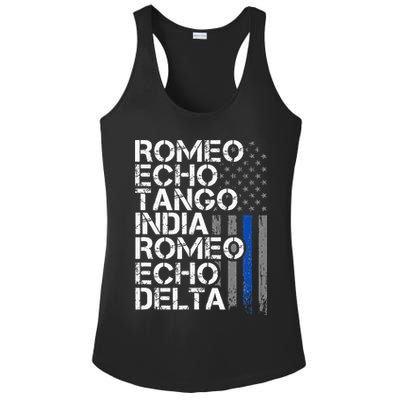 RETIRED Thin Blue Line Phonetic Code Police Retirement Ladies PosiCharge Competitor Racerback Tank