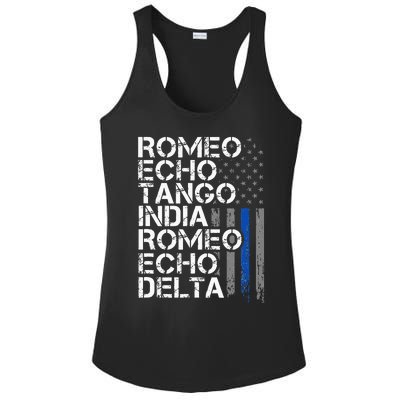 RETIRED Thin Blue Line Phonetic Code Police Retirement Ladies PosiCharge Competitor Racerback Tank