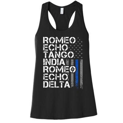 RETIRED Thin Blue Line Phonetic Code Police Retirement Women's Racerback Tank