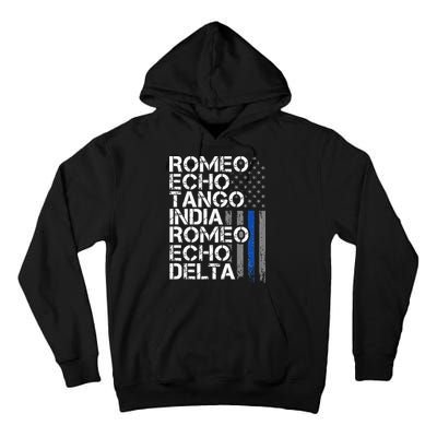 RETIRED Thin Blue Line Phonetic Code Police Retirement Tall Hoodie