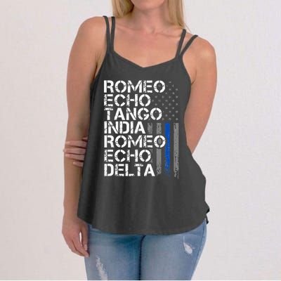 RETIRED Thin Blue Line Phonetic Code Police Retirement Women's Strappy Tank