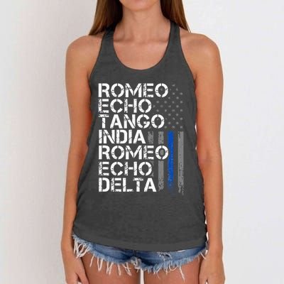 RETIRED Thin Blue Line Phonetic Code Police Retirement Women's Knotted Racerback Tank