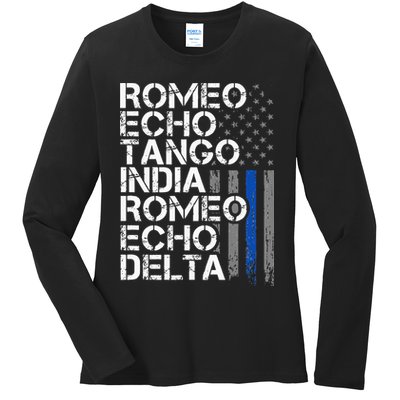 RETIRED Thin Blue Line Phonetic Code Police Retirement Ladies Long Sleeve Shirt