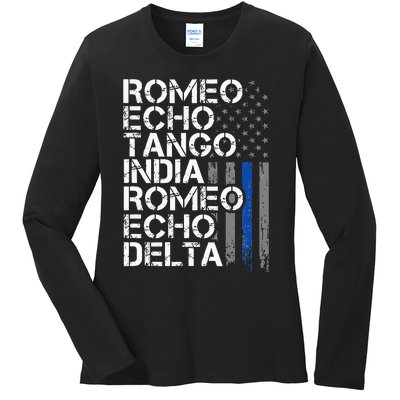 RETIRED Thin Blue Line Phonetic Code Police Retirement Ladies Long Sleeve Shirt