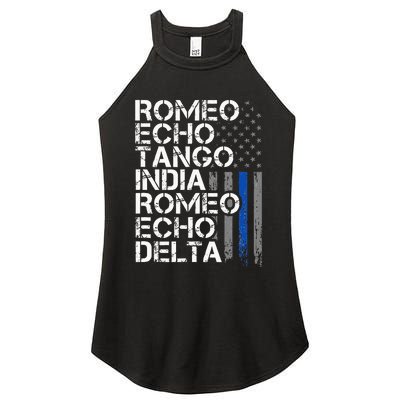 RETIRED Thin Blue Line Phonetic Code Police Retirement Women's Perfect Tri Rocker Tank