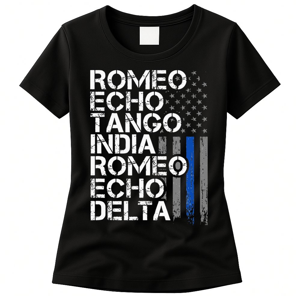RETIRED Thin Blue Line Phonetic Code Police Retirement Womens T-Shirt