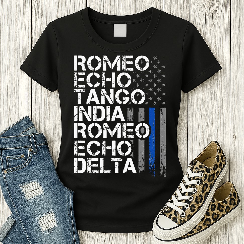 RETIRED Thin Blue Line Phonetic Code Police Retirement Womens T-Shirt