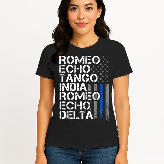 RETIRED Thin Blue Line Phonetic Code Police Retirement Womens T-Shirt
