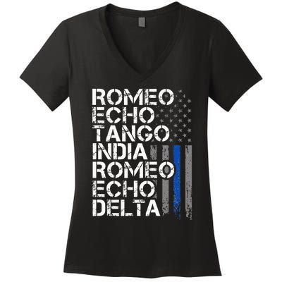 RETIRED Thin Blue Line Phonetic Code Police Retirement Women's V-Neck T-Shirt