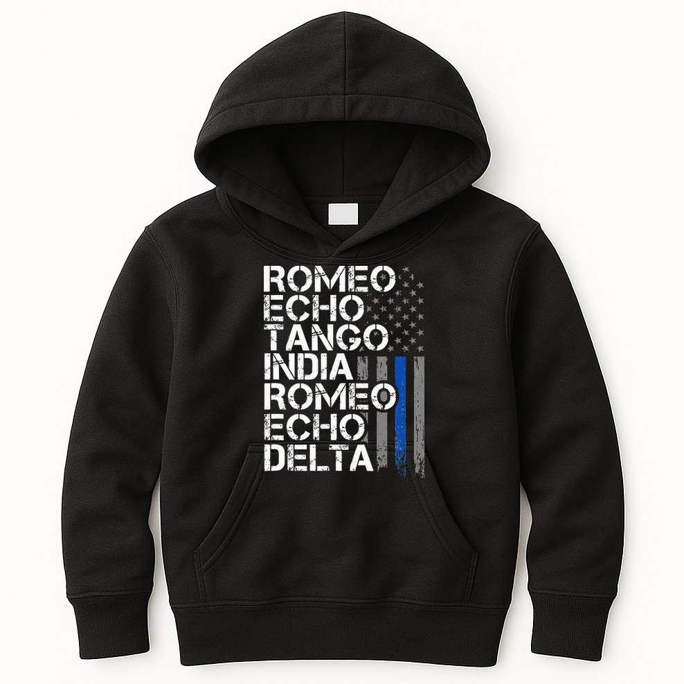RETIRED Thin Blue Line Phonetic Code Police Retirement Kids Hoodie