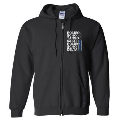RETIRED Thin Blue Line Phonetic Code Police Retirement Full Zip Hoodie
