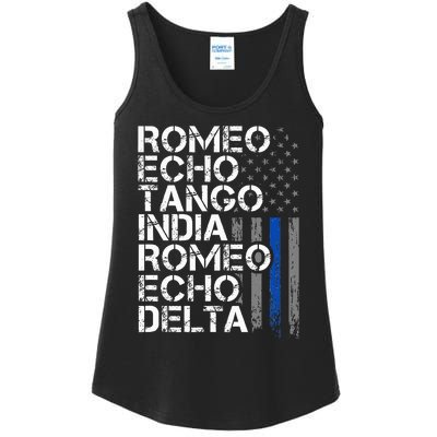 Retired Thin Blue Line Phonetic Code Police Retirement Ladies Essential Tank