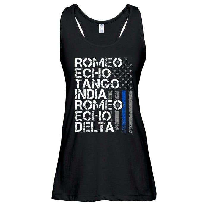 Retired Thin Blue Line Phonetic Code Police Retirement Ladies Essential Flowy Tank