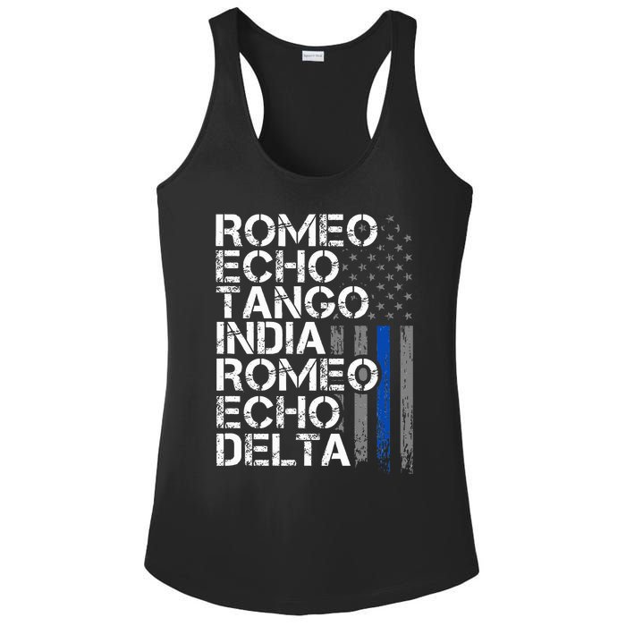 Retired Thin Blue Line Phonetic Code Police Retirement Ladies PosiCharge Competitor Racerback Tank