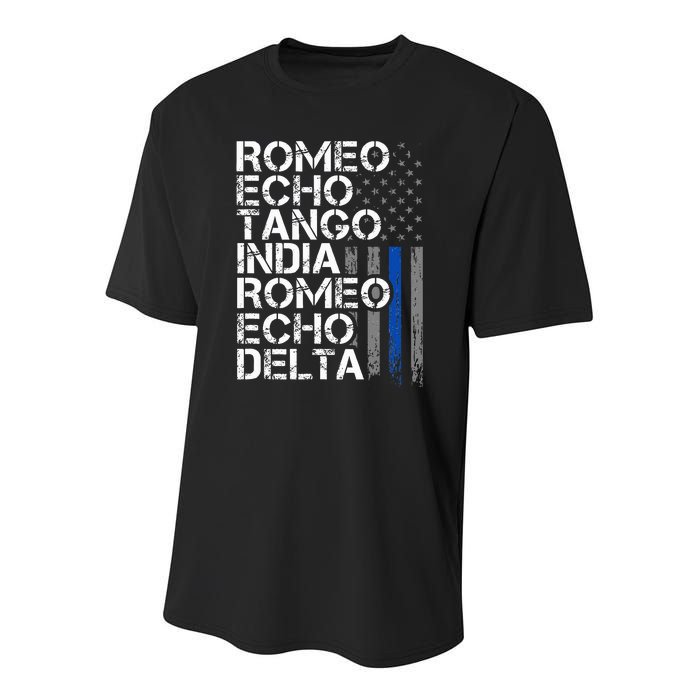 Retired Thin Blue Line Phonetic Code Police Retirement Youth Performance Sprint T-Shirt