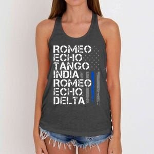 Retired Thin Blue Line Phonetic Code Police Retirement Women's Knotted Racerback Tank