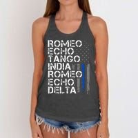 Retired Thin Blue Line Phonetic Code Police Retirement Women's Knotted Racerback Tank