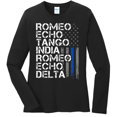 Retired Thin Blue Line Phonetic Code Police Retirement Ladies Long Sleeve Shirt