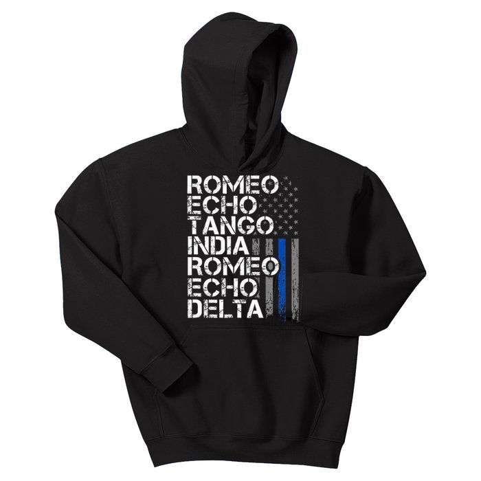 Retired Thin Blue Line Phonetic Code Police Retirement Kids Hoodie