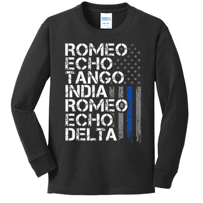 Retired Thin Blue Line Phonetic Code Police Retirement Kids Long Sleeve Shirt