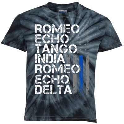 Retired Thin Blue Line Phonetic Code Police Retirement Kids Tie-Dye T-Shirt