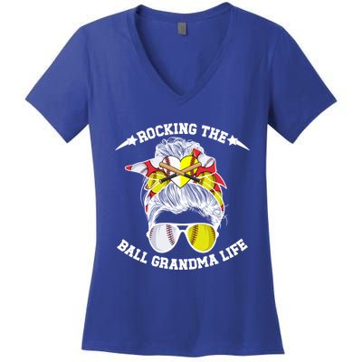 Rocking The Ball Grandma Life Softball Baseball Grandma Gift Women's V-Neck T-Shirt