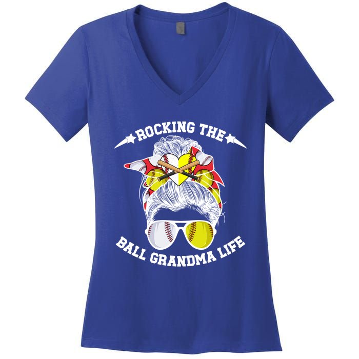 Rocking The Ball Grandma Life Softball Baseball Grandma Gift Women's V-Neck T-Shirt