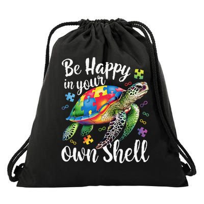 Rainbow Turtle Be Happy In Your Own Shell Autism Awareness Drawstring Bag