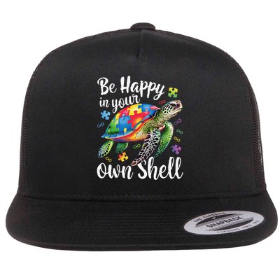 Rainbow Turtle Be Happy In Your Own Shell Autism Awareness Flat Bill Trucker Hat