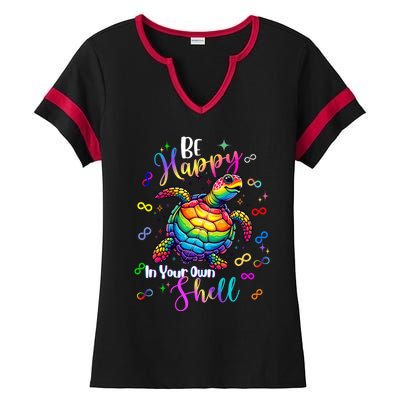 Rainbow Turtle Be Happy In Your Own Shell Autism Awareness Ladies Halftime Notch Neck Tee