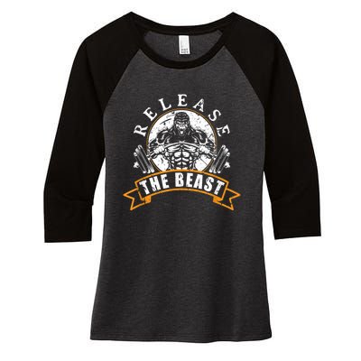 Release The Beast Strongman Gorilla Strength Sport Lifting Women's Tri-Blend 3/4-Sleeve Raglan Shirt