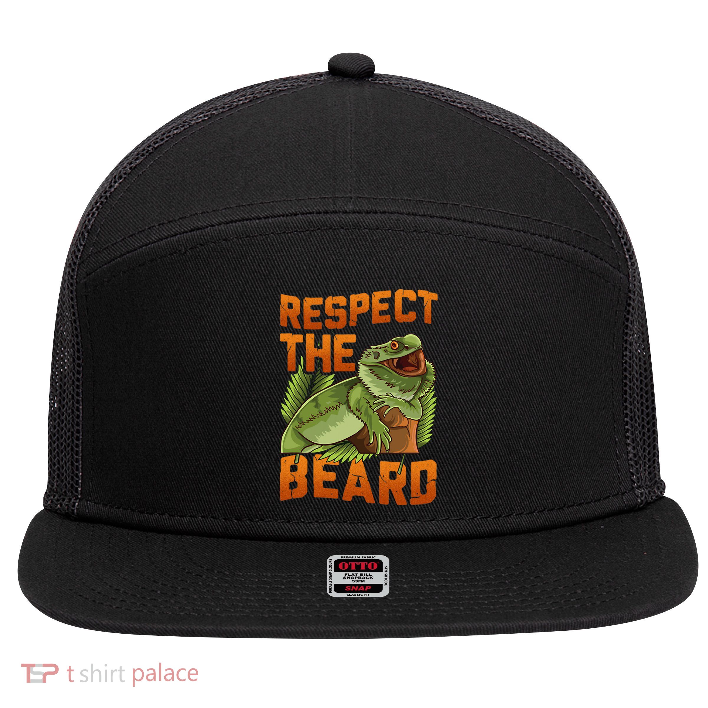 Respect The Beard Tee Funny Bearded Dragon 7 Panel Mesh Trucker Snapback Hat