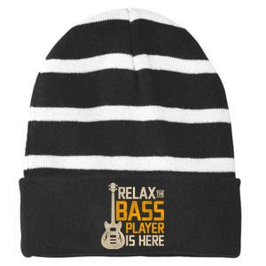 Relax The Bass Player Is Here Bass Guitar Gift Striped Beanie with Solid Band