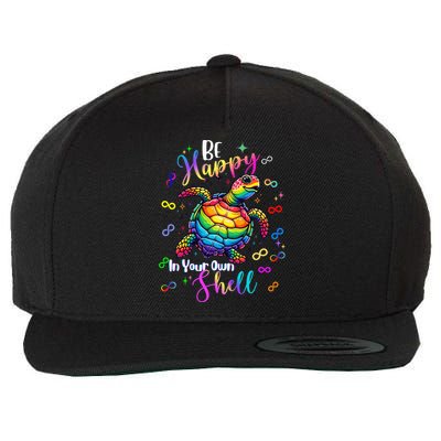 Rainbow Turtle Be Happy In Your Own Shell Autism Awareness Wool Snapback Cap
