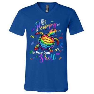 Rainbow Turtle Be Happy In Your Own Shell Autism Awareness V-Neck T-Shirt