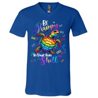 Rainbow Turtle Be Happy In Your Own Shell Autism Awareness V-Neck T-Shirt